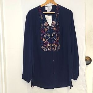 NWT Silk Boutique Navy Blue Silk Blouse with Embroidery size‎ L